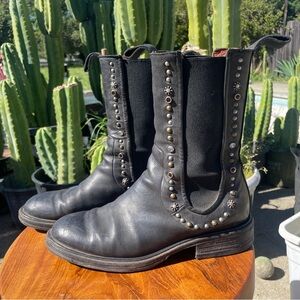 A.S.98 Black Leather Studded Combat Boots Chelsea midcalf